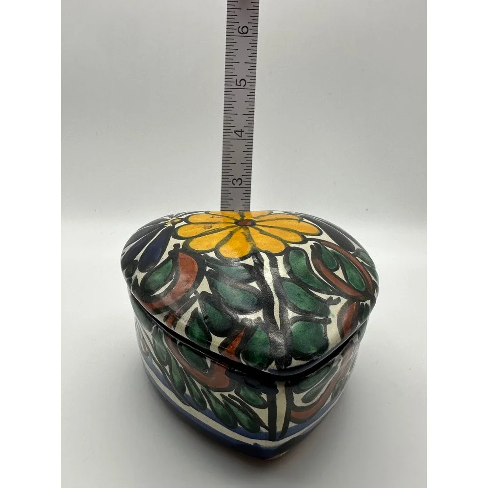Amora Talavera Pottery Heart Trinket Box Hand Painted Floral Mexican Folk Art
